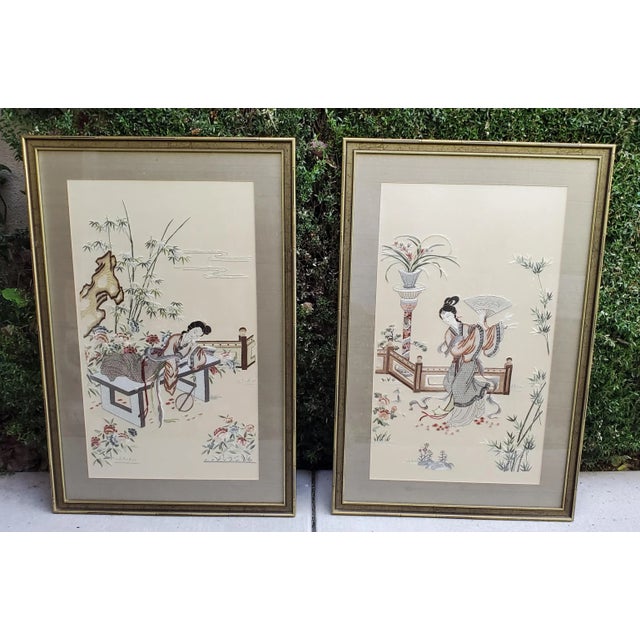 Chinese Late 20th Century Antique Pair of Chinese Embroidered Silk Panels- Ladies in Garden Framed For Sale - Image 3 of 12
