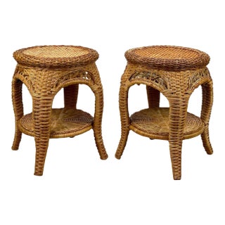 Vintage Coastal Boho Natural Wicker Round Plant Stand End Tables - a Pair For Sale