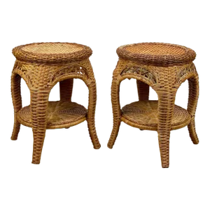 Vintage Coastal Boho Natural Wicker Round Plant Stand End Tables - a Pair