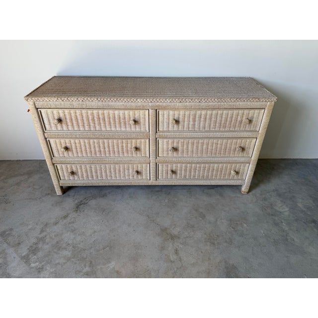 Wood Vintage Henry Link Coastal Woven Wicker Six-Drawer Dresser For Sale - Image 7 of 13