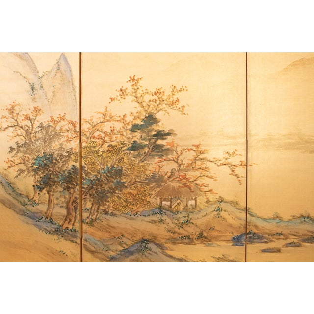 1970s 1970s Shōwa Era Japanese Byobu Screen, "At the Bank" For Sale - Image 5 of 17