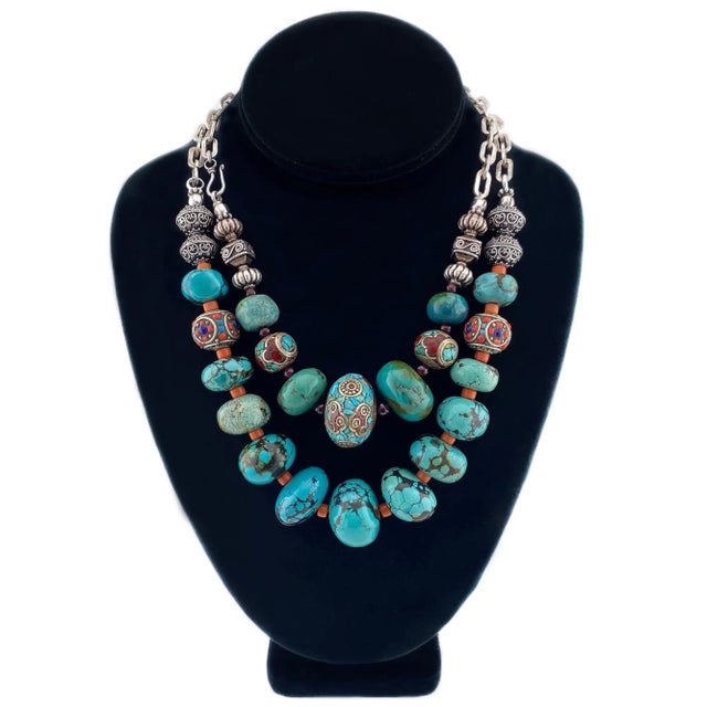 2020s Chunky Chinese Turquoise Bead Necklace With Sterling Silver Chain, 20 Inch For Sale - Image 5 of 6