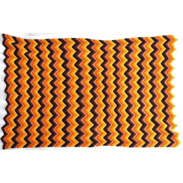 Vintage MidCentury Chevron Brown, Orange, and Yellow Wool Throw