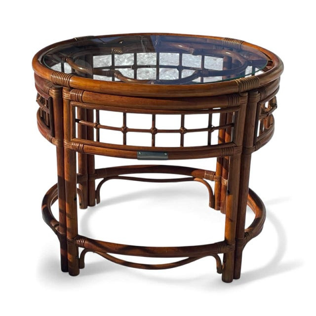Vintage French Country Bamboo Rattan Brass Accents End Tables Side Tables W Glass Top For Sale - Image 17 of 17