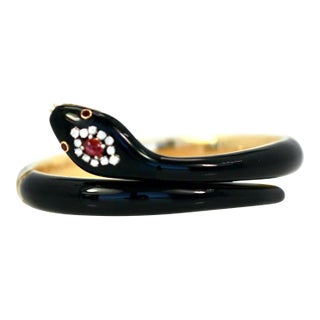 1960s Black Enamel 18k Ruby Head Snake Bracelet For Sale