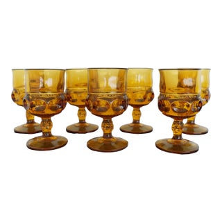 Vintage Indiana Glass Amber King’s Crown Thumbprint Wine Goblets - Set of 7 For Sale