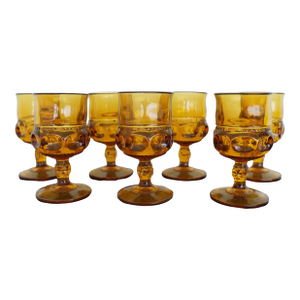 Vintage Indiana Glass Amber King’s Crown Thumbprint Wine Goblets - Set of 7