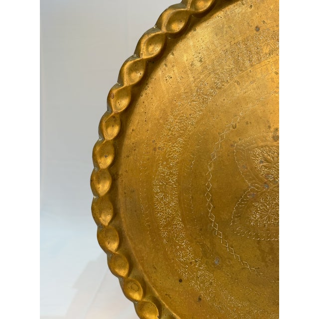 Large Vintage Engraved Brass Tray With Botanical Decoration and Scalloped Rim For Sale - Image 4 of 13