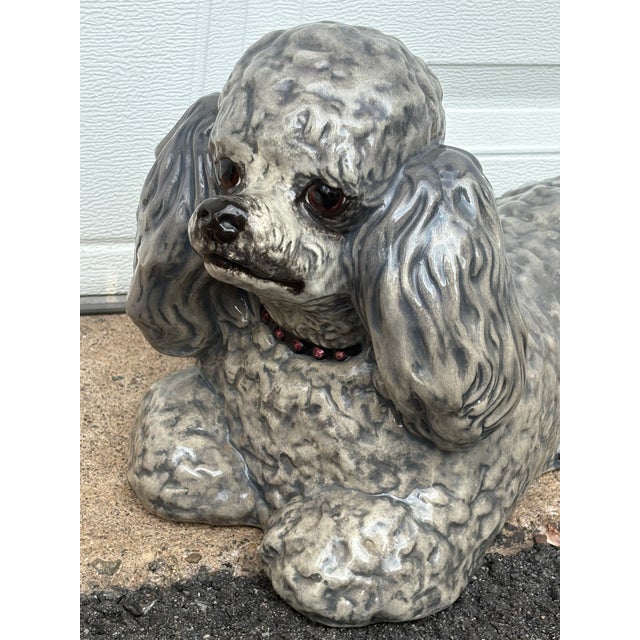 Vintage 1970s Life Size Poodle Ceramic Statue With Ruby Collar For Sale - Image 4 of 12