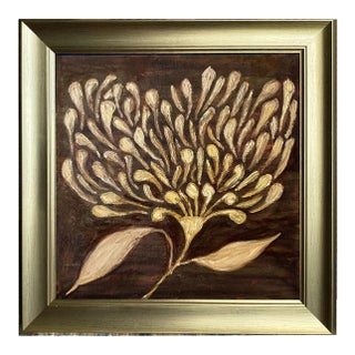 Original Framed Botanical Flower Painting, Dark Brown Wall Art, Oil on Canvas in Gold Frame, 14x14 Maximalist Boho Home Decor For Sale