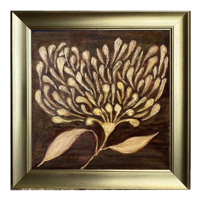 Original Framed Botanical Flower Painting, Dark Brown Wall Art, Oil on Canvas in Gold Frame, 14x14 Maximalist Boho Home Decor For Sale