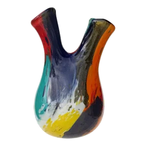 Murano Vintage Painterly Oriente Design Gold Flecks Italian Art Glass Abstract Double Spout Flower Vase