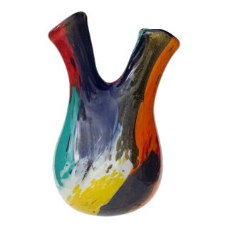 Vintage Murano Painterly Oriente Design Gold Flecks Italian Art Glass Abstract Double Spout Flower Vase For Sale