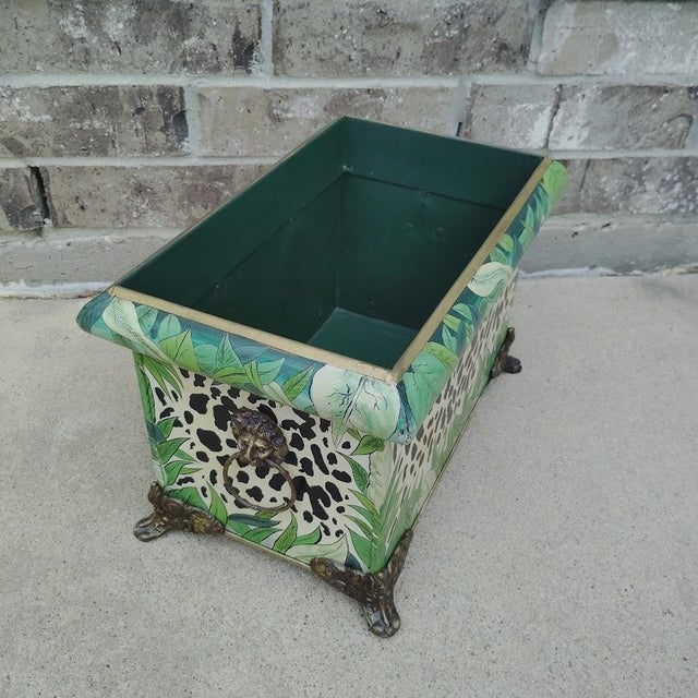 Metal Rectangular Shaped Planter Cachepot Hand painted Vibrant colors Animal Leopard Print with Green Leaves Gold Gilt...
