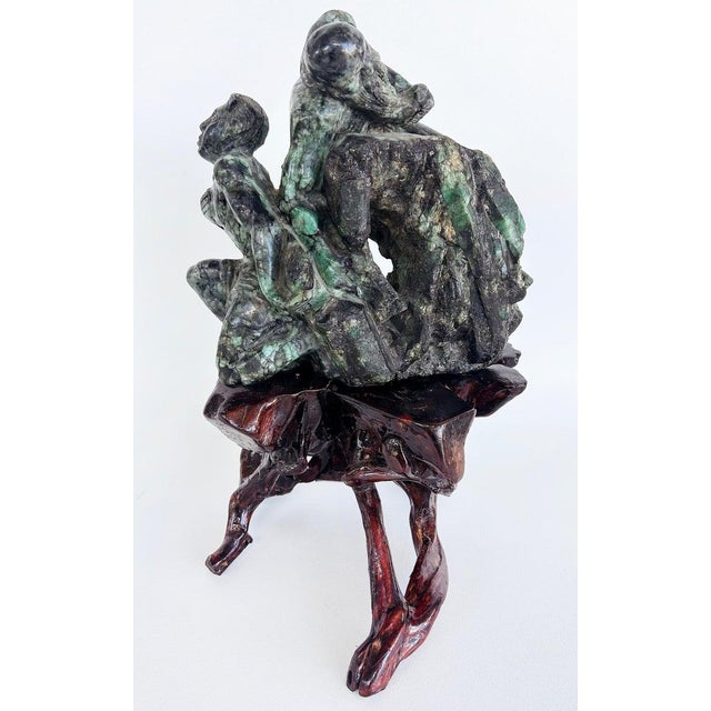 Wood Asian Carved Figurative Precious Stone Sculpture on Root Stand For Sale - Image 7 of 10