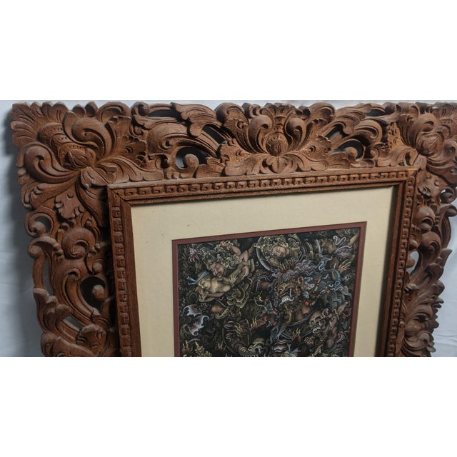 Late 20th Century Late 20th Century Pair of Balinese Batuan-Style Narrative Paintings in Hand-Carved Wood Frames For Sale - Image 5 of 16