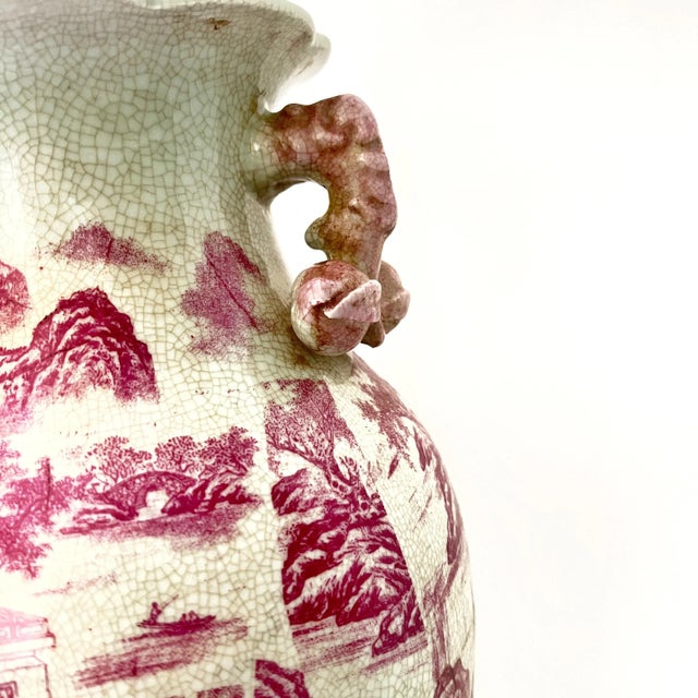 Late 20th Century 20th Century Raspberry Red Chinoiserie Vase With Pomegranate Handles on Wood Stand For Sale - Image 5 of 10