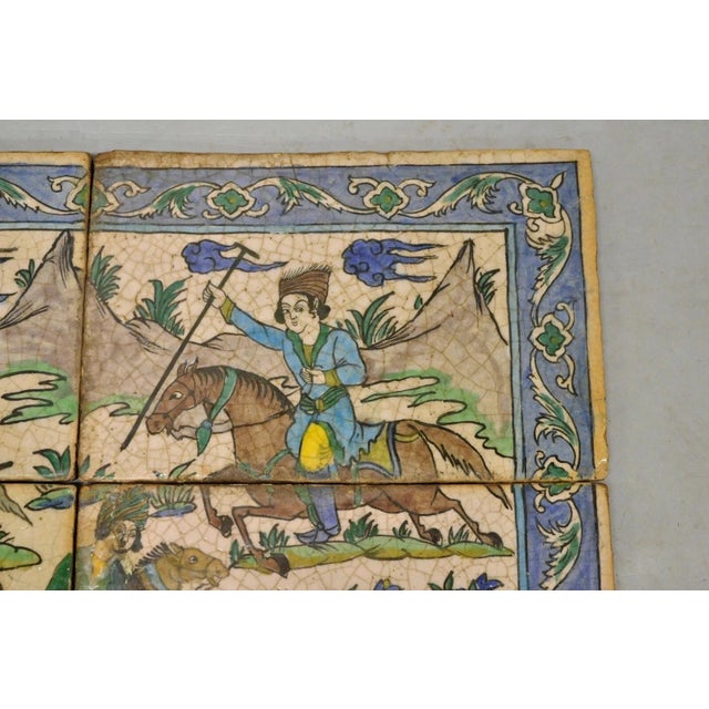 Antique Persian Iznik Qajar Style Ceramic Pottery Tile Mosaic Polo Players C7 For Sale - Image 4 of 11