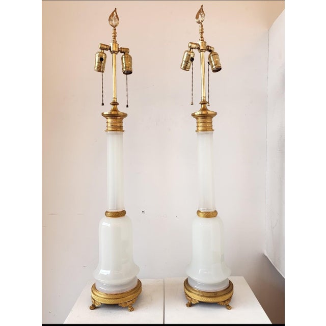 Pair of Antique Frence Louis Faceted Opaline and Guilt Table Lamps For Sale - Image 10 of 11