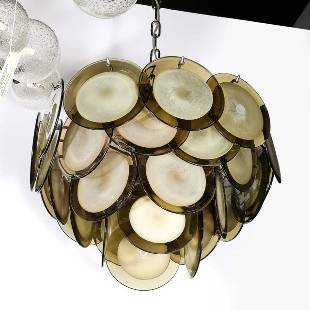 Modernist Four Tier Smoked Topaz Disc Murano Glass Chandelier W/ Chrome Fittings For Sale - Image 12 of 12