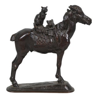 Late 19th Century Emmanuel Fremiet Horse & Cat Bronze Sculpture For Sale