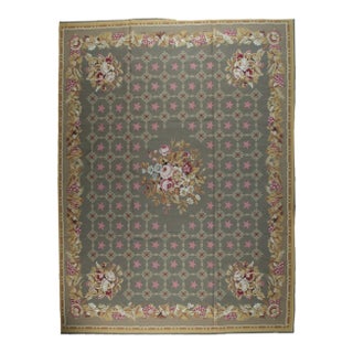 9x12 Vintage Aubusson Flat Weave Wool Rug, Olive Green Star Lattice For Sale