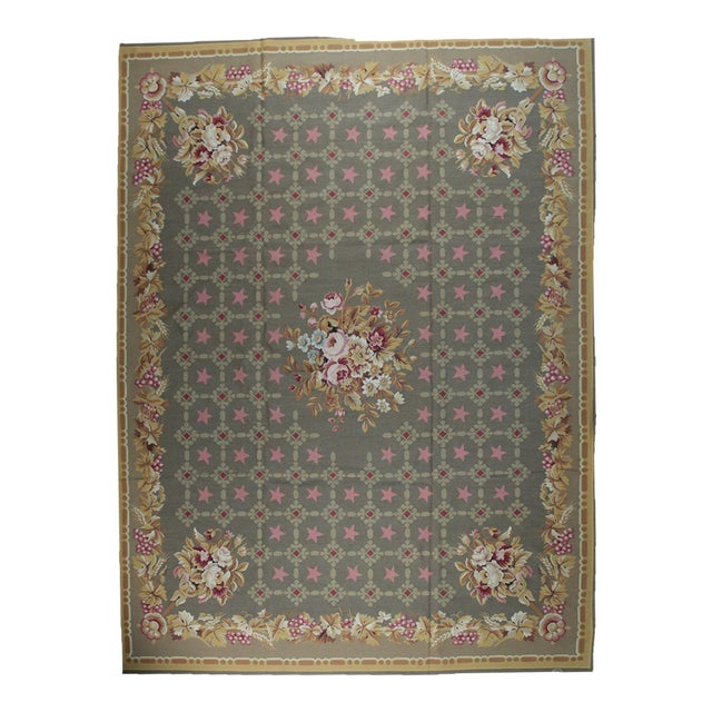 9x12 Vintage Aubusson Flat Weave Wool Rug, Olive Green Star Lattice For Sale