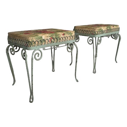 Italian Wrought Iron Stools with Floral Upholstery, 1950s, Set of 2 For Sale