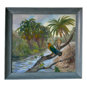 1970s Vintage W. Saling Bird on Tree Landscape Oil Painting on Masonite, Framed