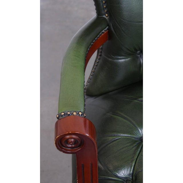 Wood English Green Cowhide Chesterfield Desk Chair on Wheels For Sale - Image 7 of 15