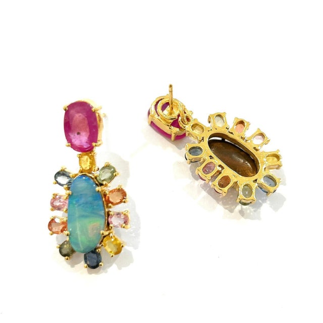 Bochic “Orient” Ruby, Opal & Multi Sapphires Earrings Set In 18K Gold & Silver - a pair For Sale In New York - Image 6 of 6
