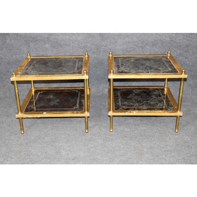 French Pair Directoire Style Brass and Giltwood Eglomise Top End Tables For Sale - Image 3 of 13