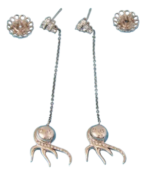 Zydo 18k White Gold Diamond Octopus Long Drop Dangle Earrings, 2 Pieces