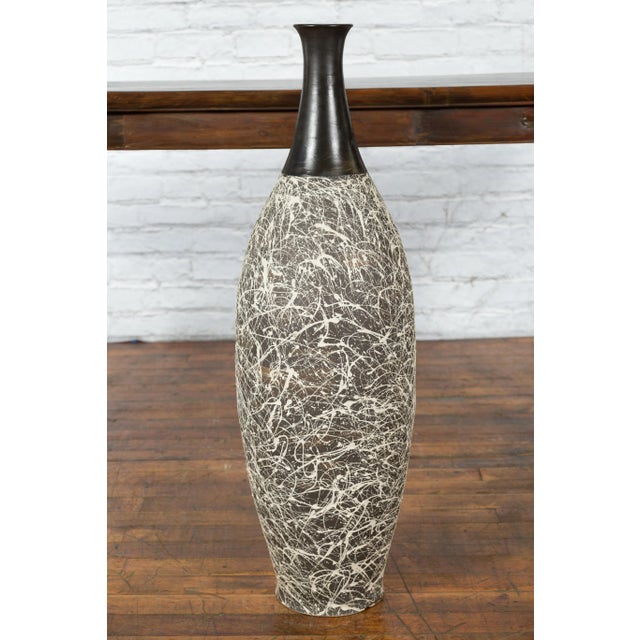 Ceramic Contemporary Tall Artisan Prem Collection Black Neck & White Dripping Décor Vase For Sale - Image 7 of 13