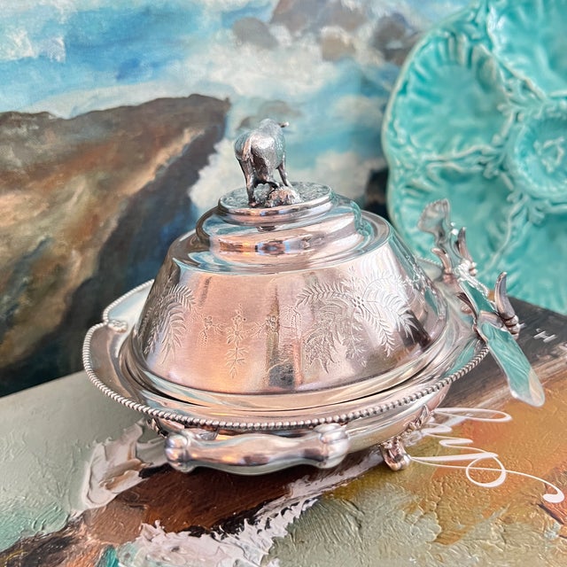 Metal Antique Victorian Quadruple Silverplate Butter Cooler With Cow Finial and Butter Knife by Pairpoint For Sale - Image 7 of 13