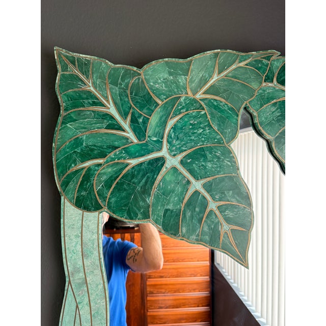 1980s Tessellated Green Stone Monstera Leaf Wall Mirror For Sale - Image 9 of 12