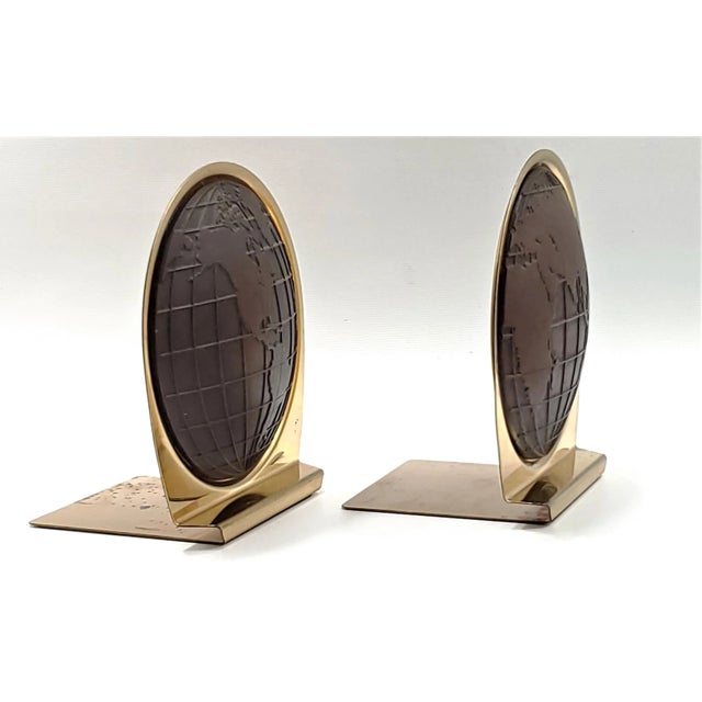 1960s Jere Style World Atlas Brass Plated and Brown Vinyl Bookends Depicting the Eastern and Western Hemispheres, Signed - a Pair For Sale In Miami - Image 6 of 12