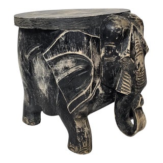 Mid 20th Century Wood Faded Black Elephant Footstool For Sale