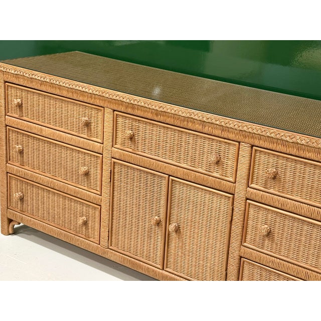 Wood 1970s Henry Link for Lexington Woven Rattan & Wicker Triple Dresser For Sale - Image 7 of 11