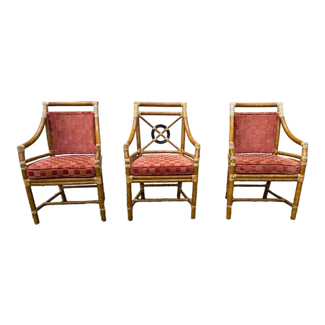 Late 20th Century McGuire Rattan Target Design Bamboo Dining Open Armchairs- Set of 3 For Sale