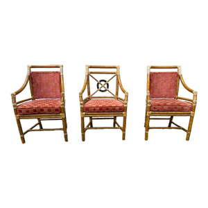 Late 20th Century McGuire Rattan Target Design Bamboo Dining Open Armchairs- Set of 3