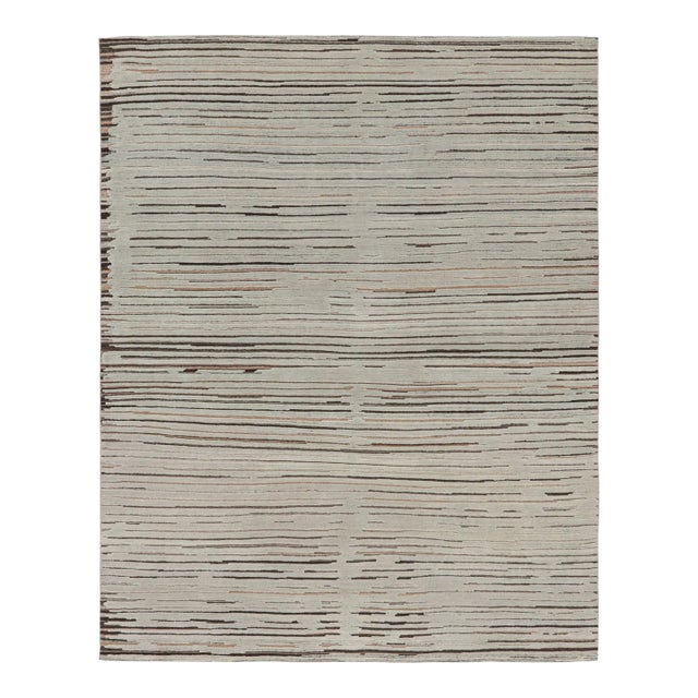 Rug & Kilim’s Contemporary Textural Rug With Blue & Beige-Brown High-Low Stripes For Sale