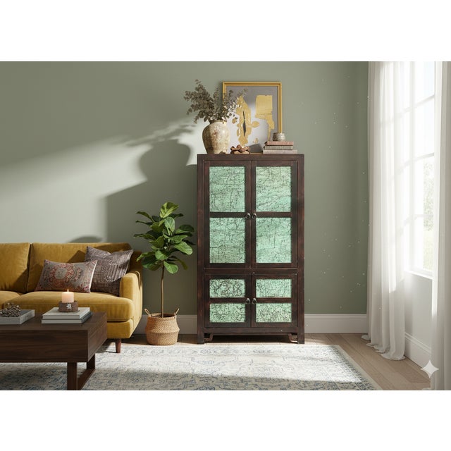 1980s Chinese Distressed Turquoise Brown Large Armoire Wardrobe Cabinet For Sale - Image 5 of 15