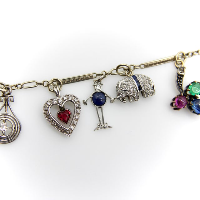 1920s 1920s Art Deco 14k Gold and Platinum Diamond and Gem Set Charm Bracelet For Sale - Image 5 of 12