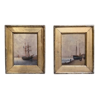 Boats in the Harbor. Oil Paintings on a Panel, Framed, Set of 2 For Sale