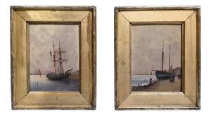 Boats in the Harbor. Oil Paintings on a Panel, Framed, Set of 2