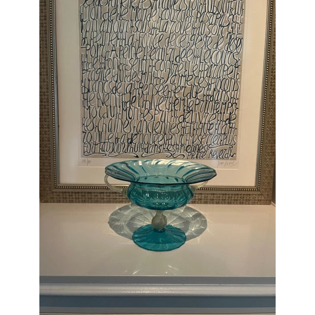 Metal Italian Murano Glass Blue Footed Bowl With Gold Handles and Pedestal For Sale - Image 7 of 10