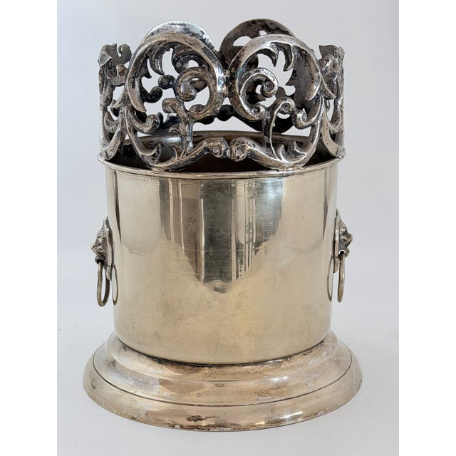 Silver on Brass Wine Bottle Holder or Coaster With Lions Head Ring Handles For Sale - Image 10 of 11