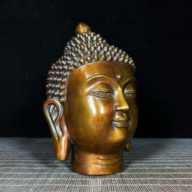 Solid Brass Shakyamuni Buddha Head Statue, Buddhist Religious Decor For Sale - Image 4 of 9