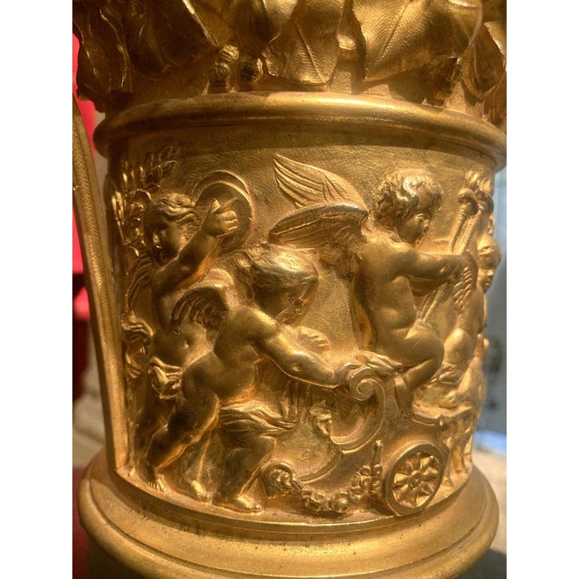 Metal French 18th Century Louis XVI Ormolu Vases with Handles and Relief Putto on Black Belgian Marble Bases, Set of 2 For Sale - Image 7 of 18